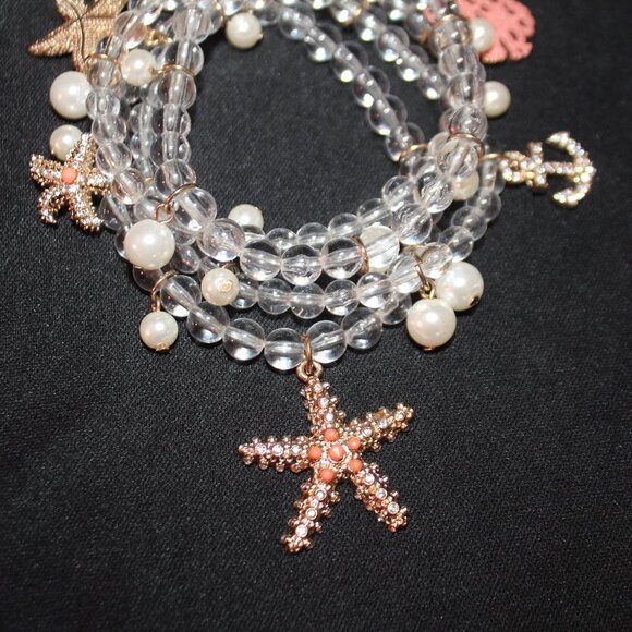 Starfish Four-strand Clear Bead and Faux Pearl Stretch Bracelet - Picture 4 of 7